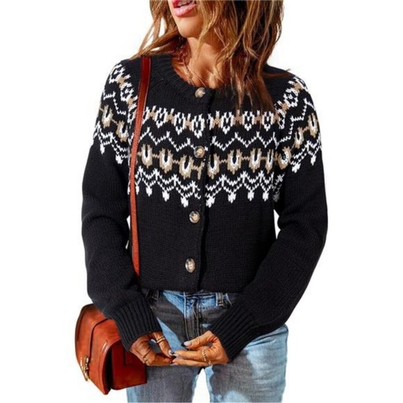 Womens Plus Size Fall Knit Black Fair Isle Sweaters Cardigan Lightweight, S-2X - Picture 1 of 6